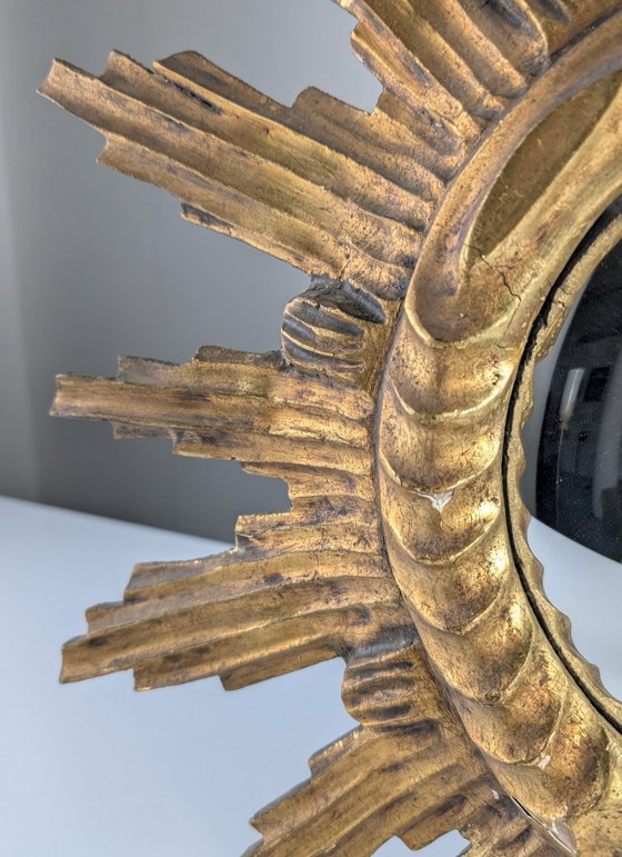Carved Giltwood Sunburst Convex Wall Mirror, 1950s – Glass, Gold (photo 5 of 8)