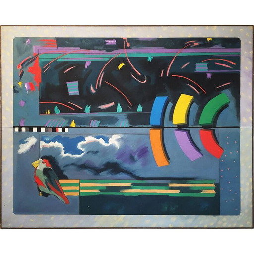Vintage-Gemälde "weise Vogelstrategie" von Richard Frank, 1980