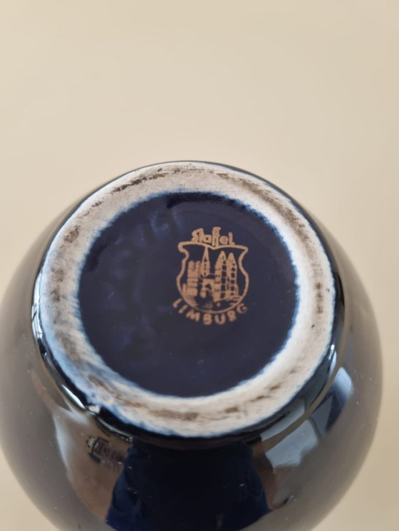 Image 1 of Limburgse porseleinen vaas – kobaltblauw met gouden bloem – vintage, made in Germany