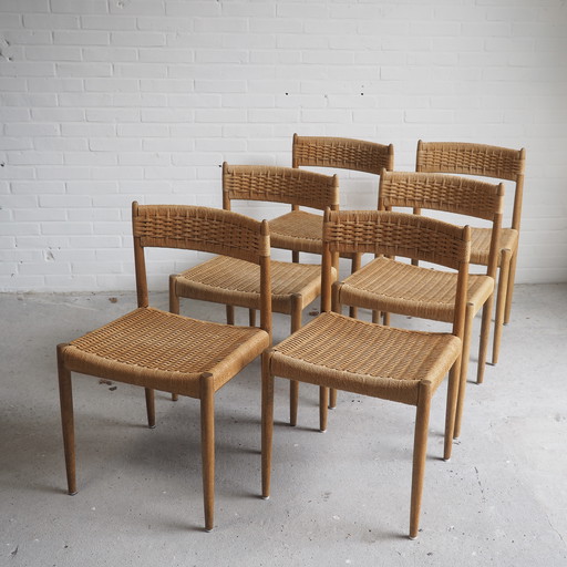 6x Danish dining chairs in oak and papercord - 1960s
