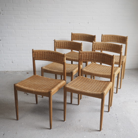 Image 1 of 6x chaises de salle à manger danoises en chêne et cordon de papier - années 1960