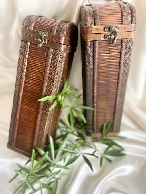 Duo of vintage bottle cases in wood and wicker - handcrafted antique boxes, decorative bottle holders, rustic style