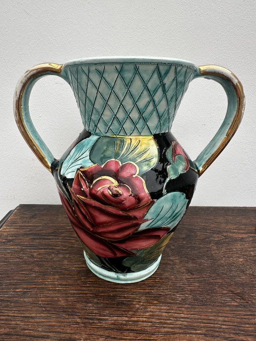 Vaso firmato JTF Vallauris - h 20 cm - Decorazione vintage cesellata e dipinta