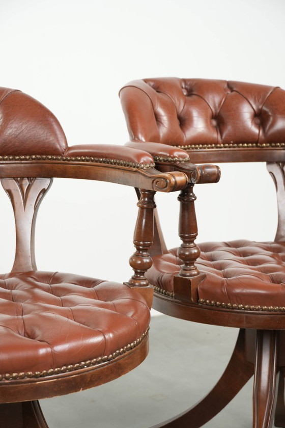 Image 1 of 2 x Swivel English Style Cowhide Leather Chesterfield Office Chairs in a Beautiful Brown Color