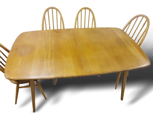 Mid Century Ercol Grand Windsor uitschuifbare eettafel & 4 Quaker stoelen