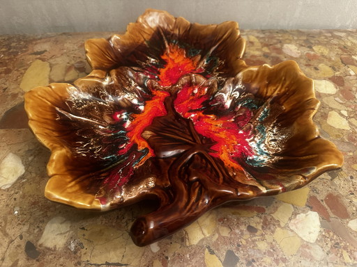 Vintage ceramic fruit bowl or pocket emptier Barbotine in leaf attributed to Vallauris - 35/40 cm