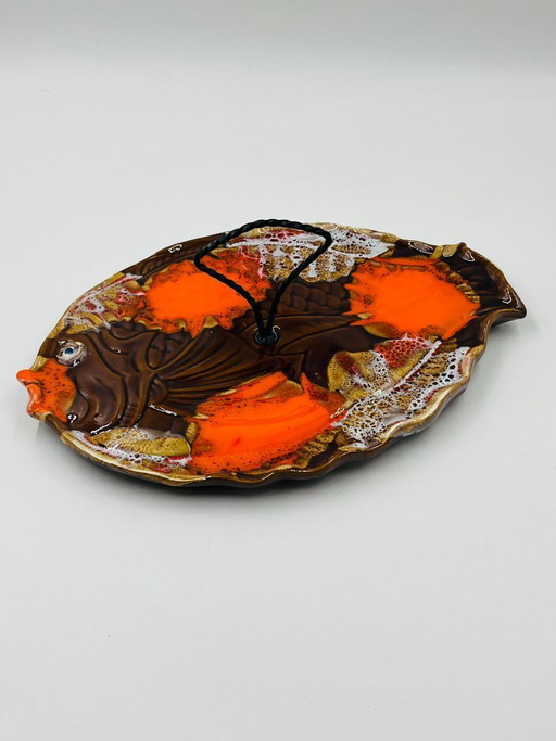 Piatto da pesce vintage in ceramica Vallauris, arancione