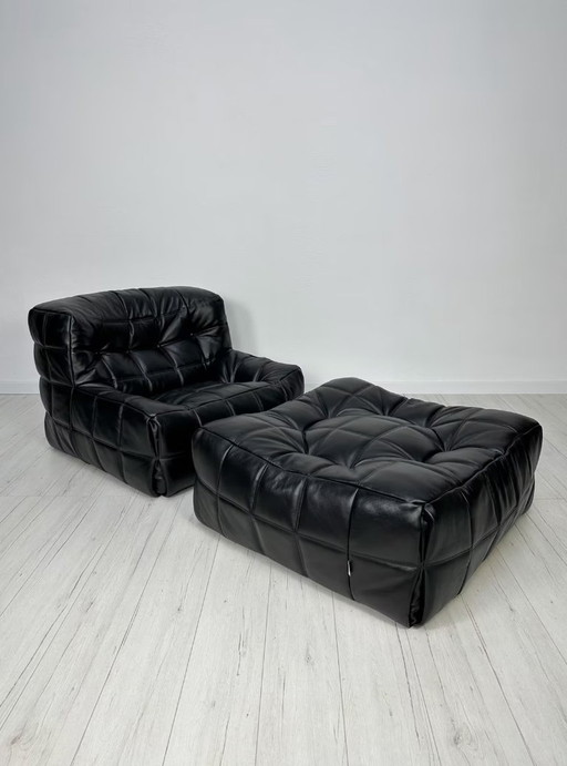 Vintage Leder 'Kashima' 1-Sitzer + Ottomane von Michel Ducaroy für Ligne Roset 80s