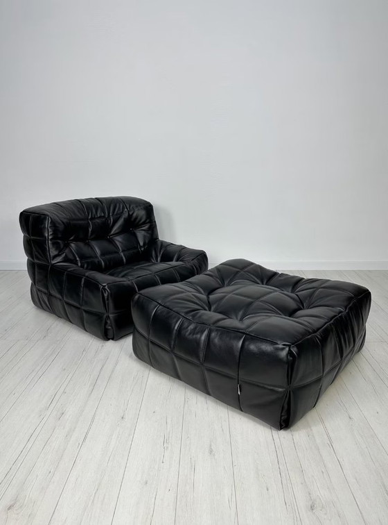Image 1 of Vintage Leather ‘Kashima’ 1-Seater + Ottoman by Michel Ducaroy for Ligne Roset 80s