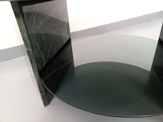 Image 1 of Vintage Square Coffee Table with 2 Tops in Green Marble and Smoked Glass from the 70s