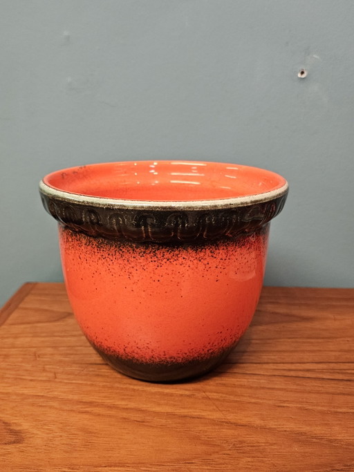 Large Vintage Orange Flowerpot Green Rim