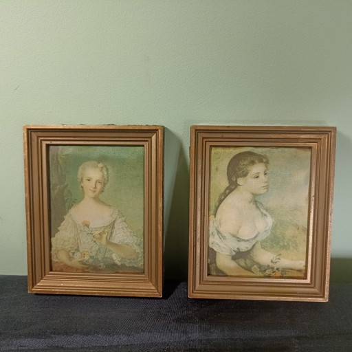 Set of Vintage Miniature Paintings on Silk – Nattier & Renoir – decoratieve objecten, Wood