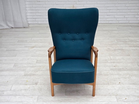 Image 1 of Anni '70, poltrona danese di Fritz Hansen, lana per mobili, legno di faggio laccato.