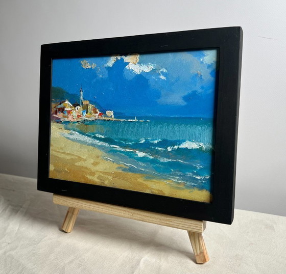 Image 1 of Original Oil Painting Summer Beach Landscape Walking along the sandy shore