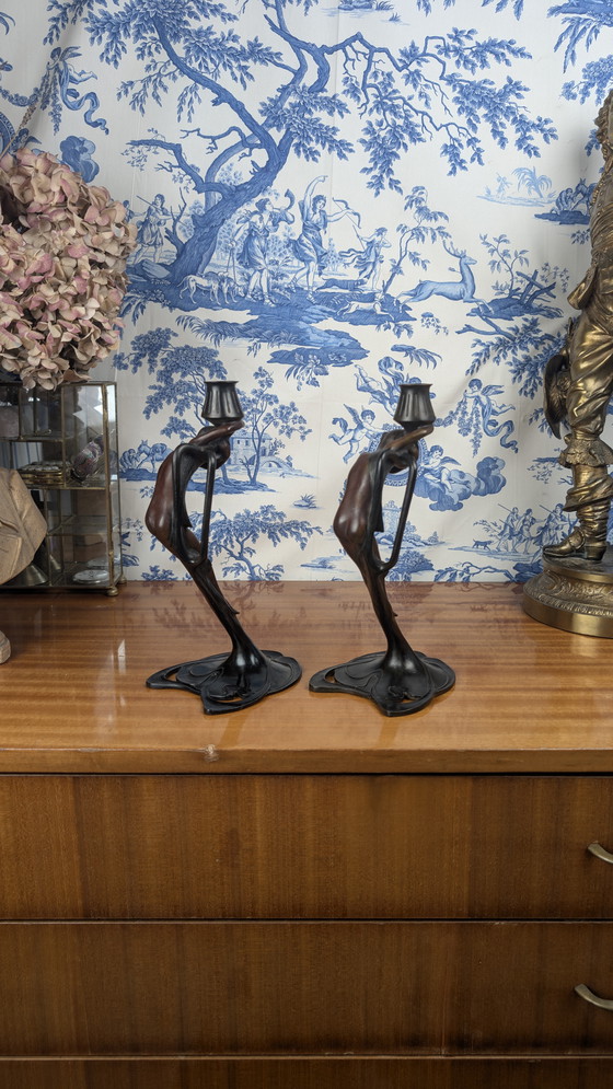 Image 1 of Ein Paar MoMa-Kandelaber aus Bronze mit Nymphen im Jugendstil Vintage 1988
