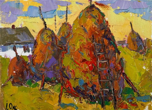 Pintura al óleo original Paisaje de pueblo de verano Cuando la luz se desvanece