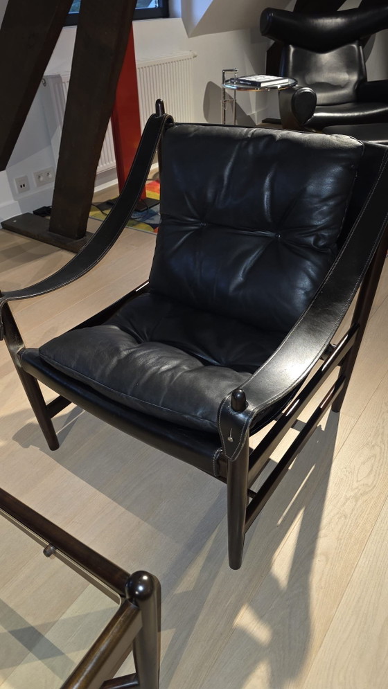 Schwarzes Vollnarbenleder Skandinavisches Safari Sitzecke Set – 1960er Jahre – Wood, Leather (photo 8 of 8)