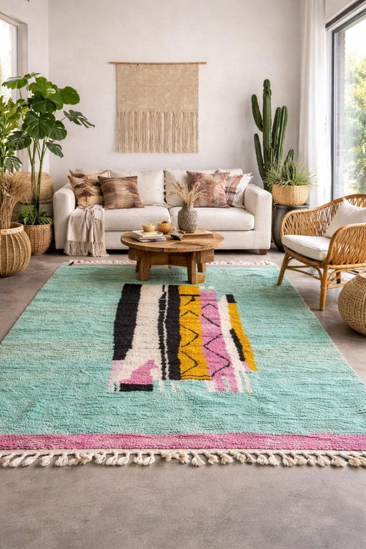 Tapis marocain en laine vert menthe neuf – 210 x 310 cm, style berbère abstrait moderne