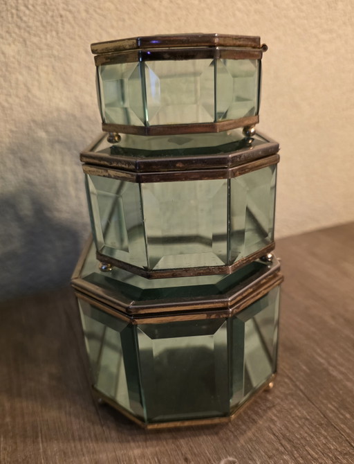 Vintage Glazen Sieradendoosjes Met Messing Randen En Een Geëtst Rozenmotief – decoratieve objecten, Glass (photo 2 of 5)