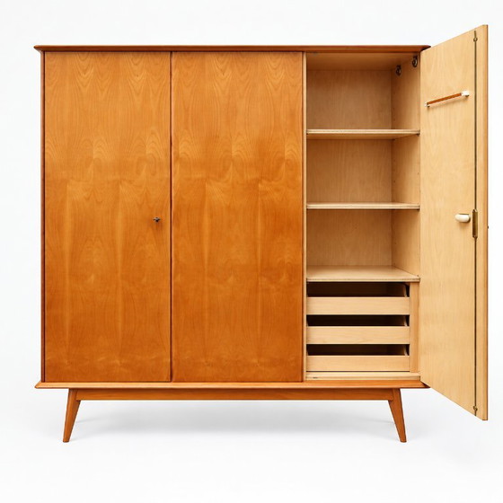 Vintage 3-deurs kledingkast – houten garderobekast met spiegel – Kledingkasten, Wood (photo 2 of 9)