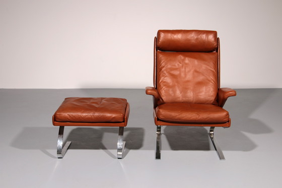 Image 1 of Cognac Leder COR Swing Lounge Stuhl mit Ottomane von Adolf & Schöpfer 1976