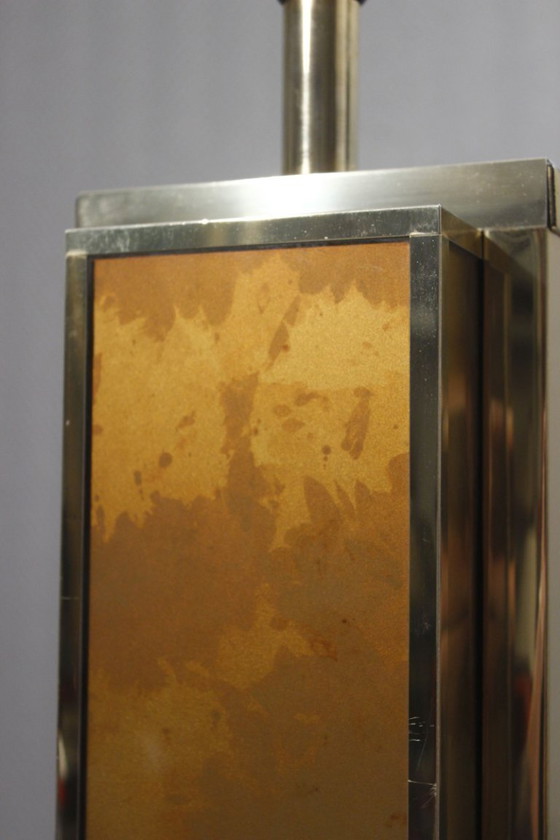 Image 1 of Philippe Cheverny - Grote messing lampvoet met omgekeerd beschilderd glas, Frankrijk, jaren 70