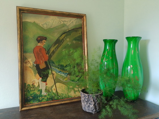 Image 1 of Set hoge Murano handgeblazen glazen vazen siervazen decoratieve vazen sierobjecten in groen met goud, vintage 