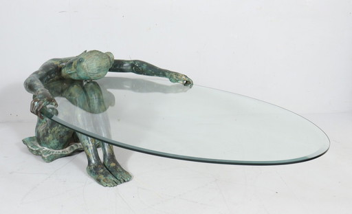 Skulpturaler Beistelltisch/Coffee Table mit Frauenakt Skulptur, Bronze, Frankreich, 1980er Jahre