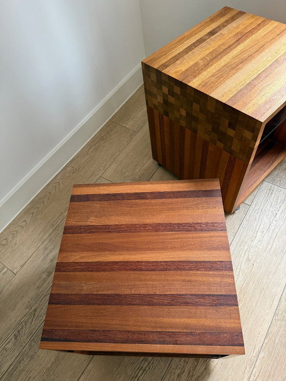 Image 1 of 2x Leolux Vidar Masai wooden side tables with height differences
