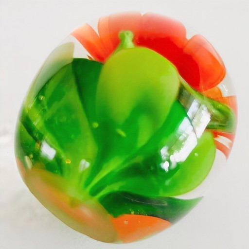 Vintage Murano glass paperweight orange flower 1970s