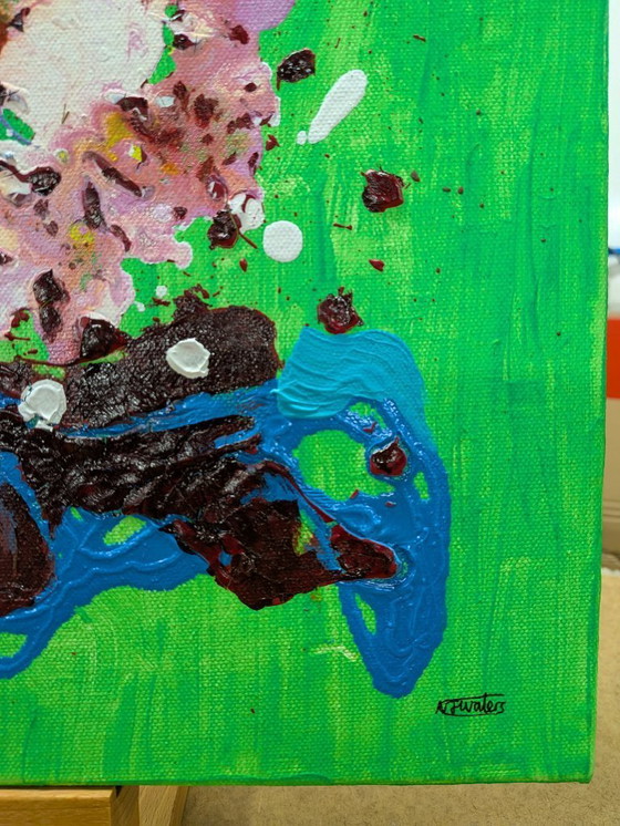 Image 1 of St Ives Abstract Sea and Garden Painting 3 Oil and Acrylic on Canvas Unframed 40x40cm Drip Oil Painting and Acrylic Pallet Knife