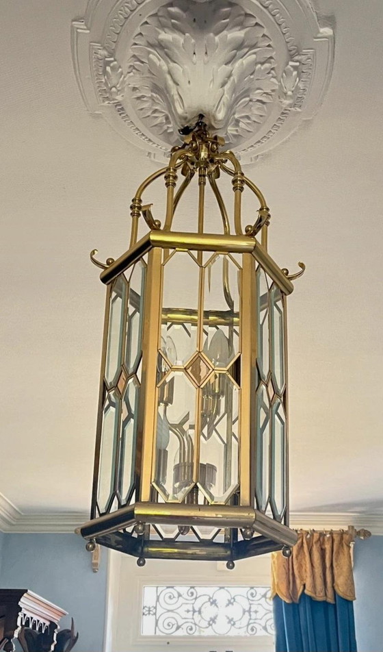 Image 1 of Enorme lanterna a sospensione Lustre Française in vetro Biseauté e Laiton Poli