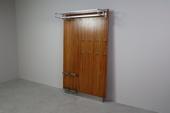Image 1 of Modernist wall-mounted cloakroom in Teak, Aluminium & Nickel-plated Brass, 1950s