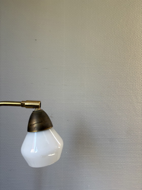 Image 1 of Vintage Art Deco brass with white milk glass shade, adjustable in height
