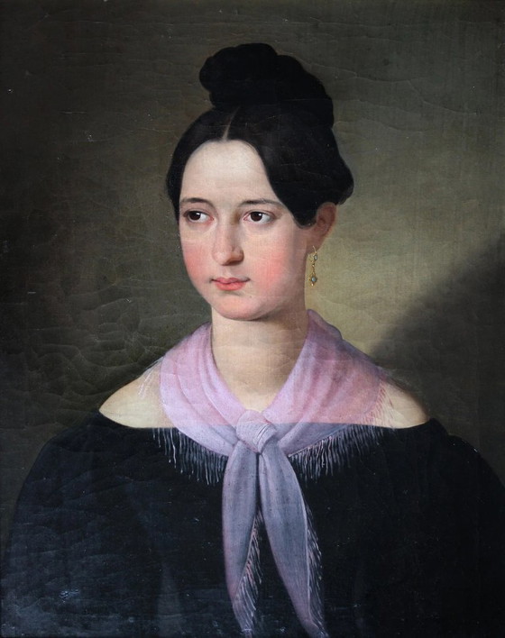 Image 1 of 19e-eeuws olieverfportret van een jonge vrouw
