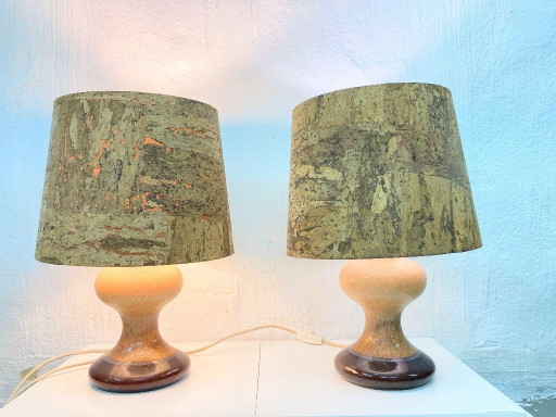 2 Leola table lamps, ceramic base, cork shade, 1970s/80s