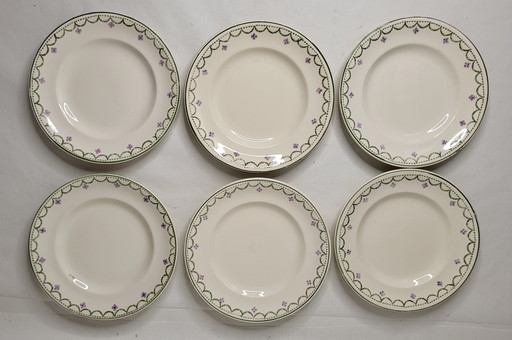 6 Longwy Earthenware Dinner Plates Model Violetta