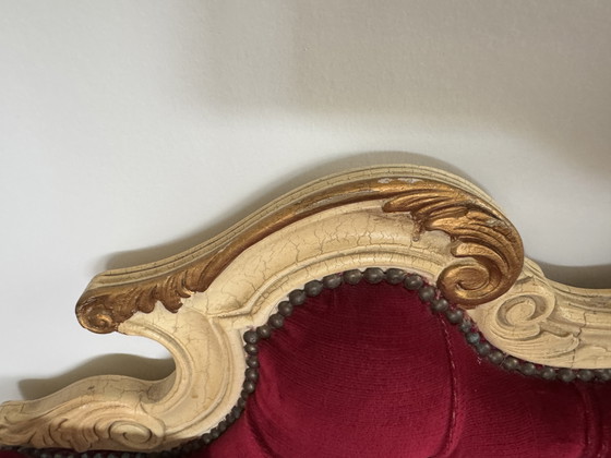 Image 1 of Antique Baroque Chaise Longue / Telephone Bench – Red Velvet & Wood