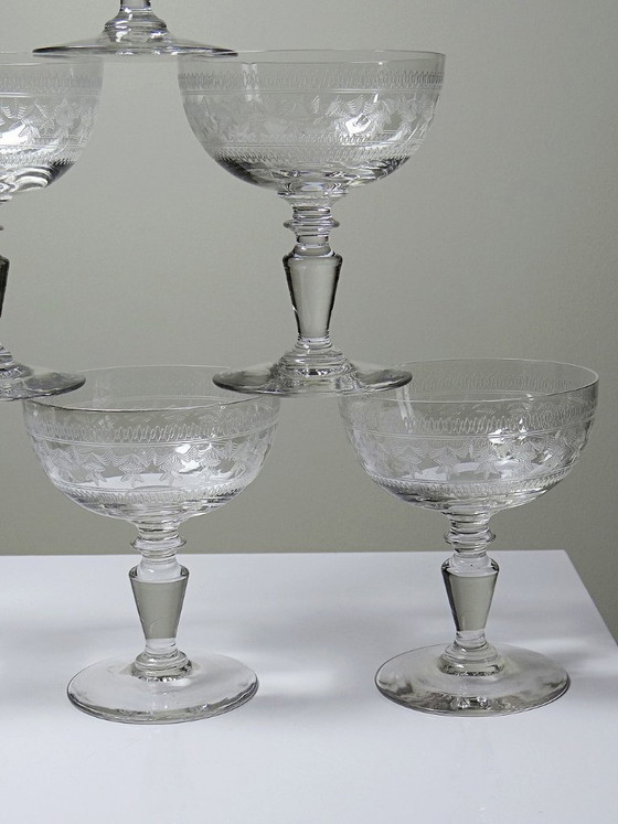 Image 1 of Set of 6 Antique Fine Crystal Champagne Glasses with Engraved Star Design, 19th-20th Century