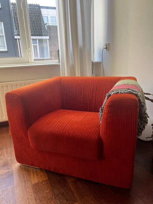 Orange retro armchairs, rib velvet (2x, please buy as a pair)