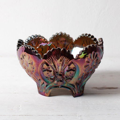 Ciotola di vetro di Carnevale rara vintage / Motivo a margherite affondate iridescenti / Eda Glasbruk / Svezia / Anni '20
