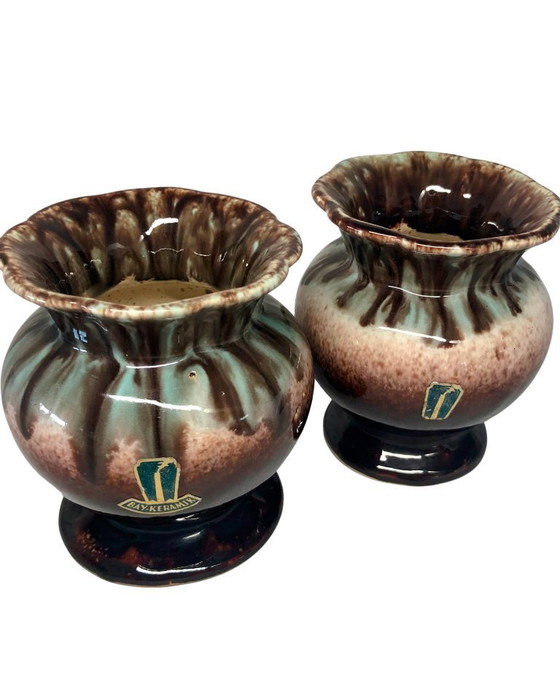 Image 1 of Pair of Vintage Bay Keramik W. Germany Vases - Model 290-10 - Turqouise Brown Fat Lava Glaze