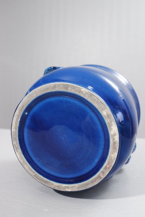 Image 1 of Cachepot vintage in ceramica con smalto blu craquelé, stile Chambost, anni '70