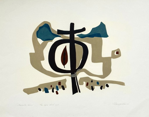 Gijsbert Jan van Koppenhagen - Linograbado vintage 1971 - Década de 1970 - Letreros rodeados