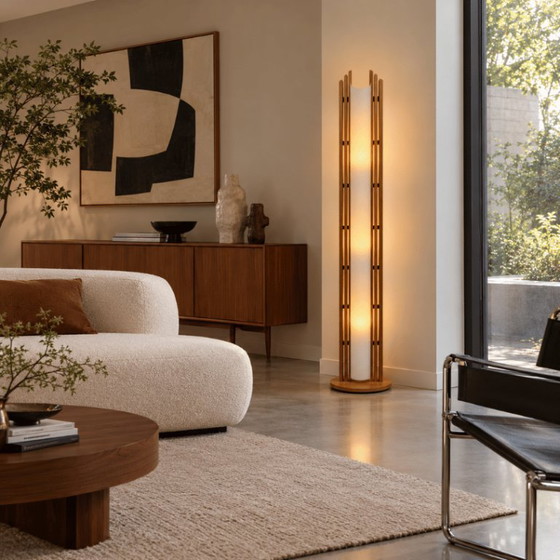 Vloerlamp ‘Manhattan’ -  Domus - hout,  jaren '70, Vloerlampen, Kunststof, Wit (foto 9 van 9)