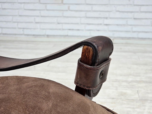1970s, Scandinavian lounge chair, nubuck leather, canvas, beech wood.