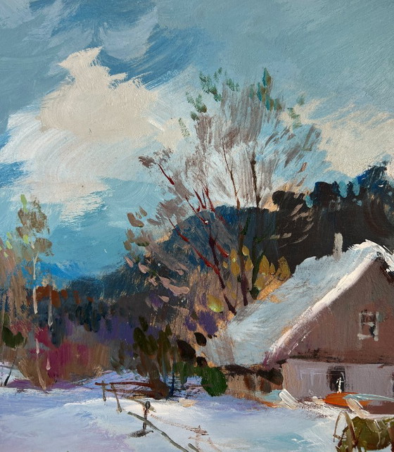 Image 1 of Original Oil Painting Winter House Landscape Path through snowdrifts