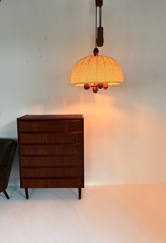 Image 1 of Vintage XL teak & wool pendant lamp, Domus '70
