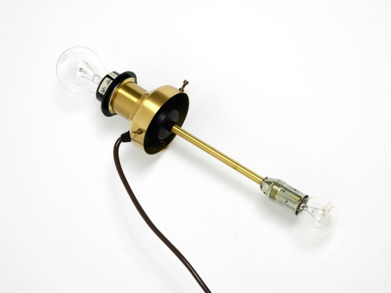 Image 1 of Grote, elegante, zeer zeldzame Putzler tafellamp uit 1970 met verlicht glazen lamphuis en kap van gouden dupionzijde