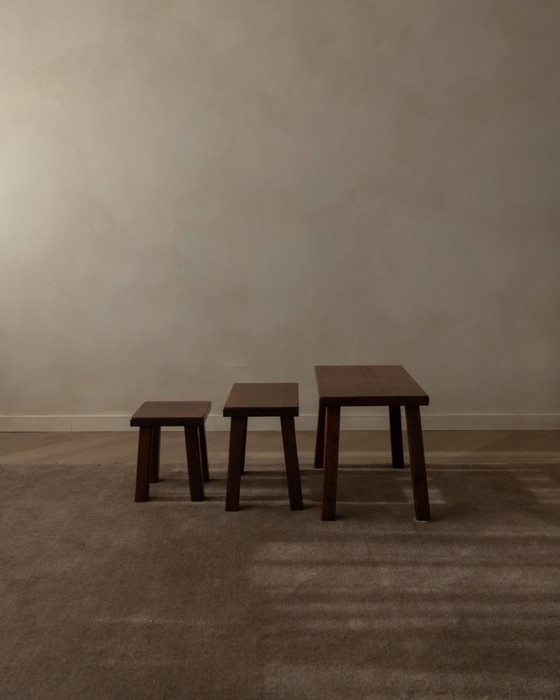 Image 1 of Vintage Brutalist Solid Oak Nesting Tables (Set of 3) – Dutch, 1970s